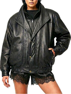 Vintage 80s 90s minimalist quiet luxury oversized black leather bomber jacket L